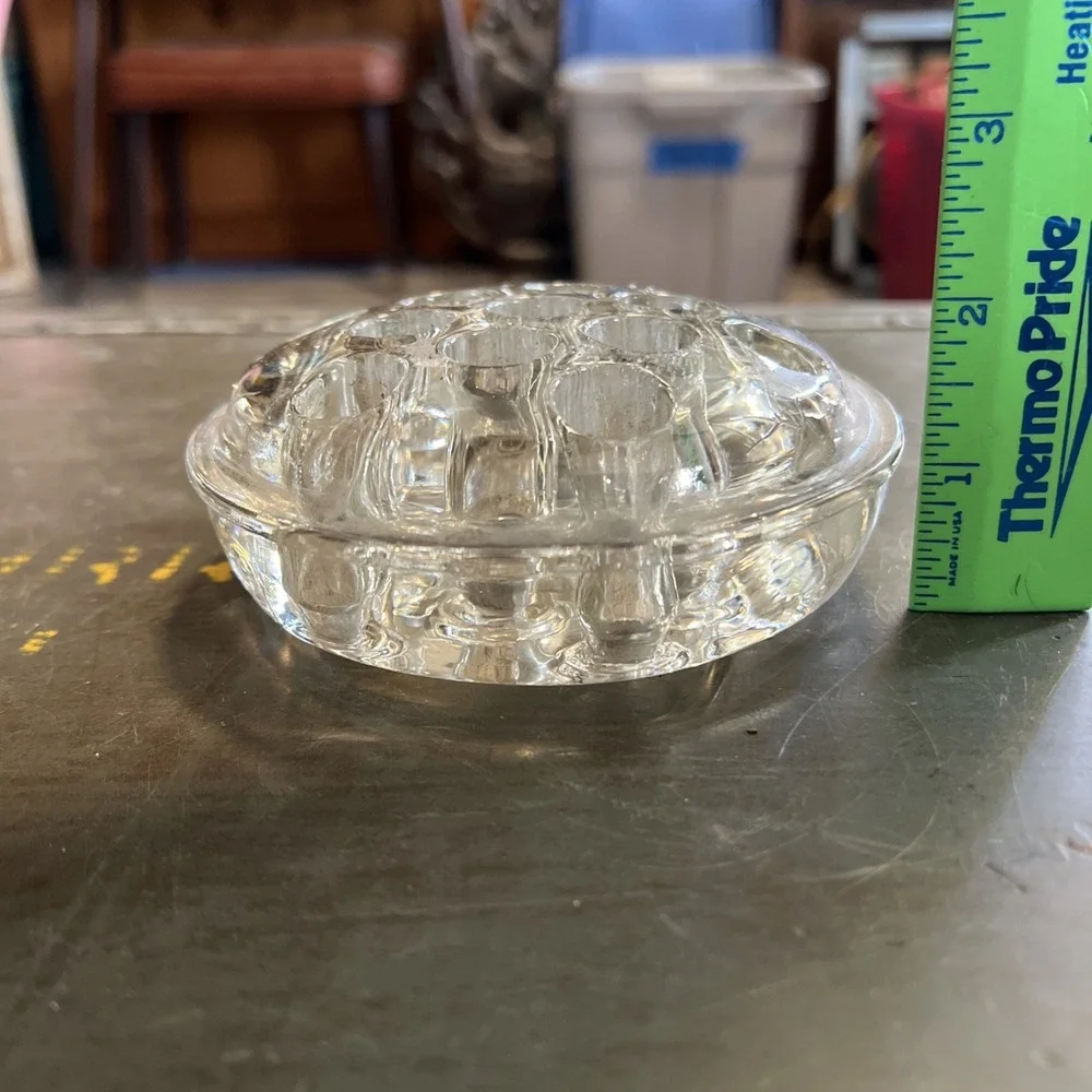 Vintage Clear Glass Floral Arrangement Frog Flower Holder 13 Holes Round 4.5in